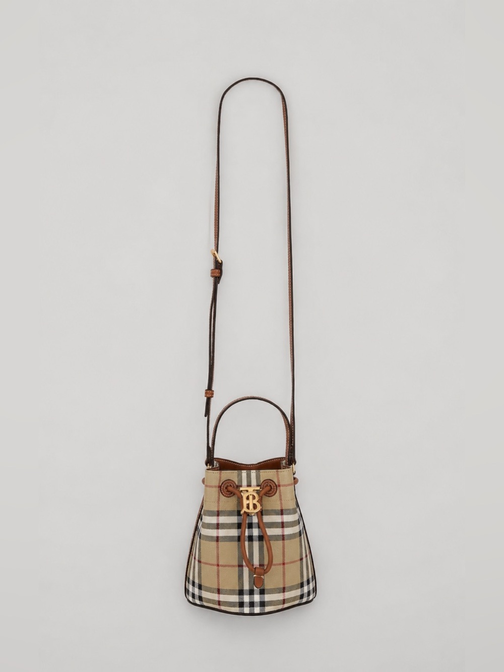 Burberry Beige Vintage Check Leather-Trim Drawstring Crossbody Bag